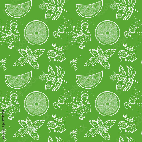 Seamless pattern, Graphic illustration of a Mojito cocktail and all its ingredients, restaurant or bar menu, classic recipe, lime, mint and rum.
