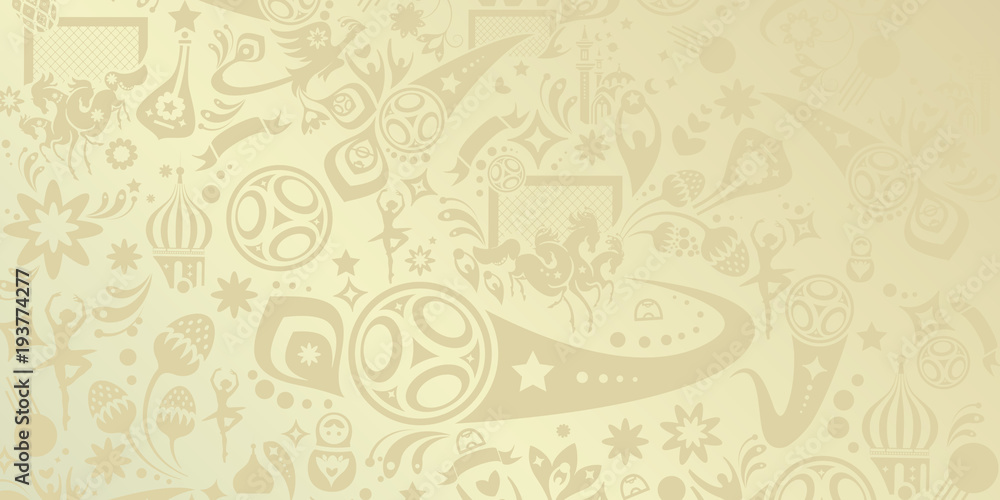 Fototapeta premium World cup soccer championship beige pattern, football abstract dynamic shapes, soccer international competition award elements, footbal icons, soccer ball, russia, vector template
