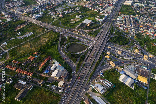 Aerial view of traffic jams at Nonthaburi intersection in the evening, Bangkok.