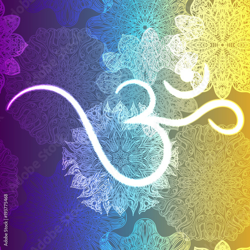 Ornate floral seamless texture, endless pattern with glowing bright mandala elements and ohm symbol