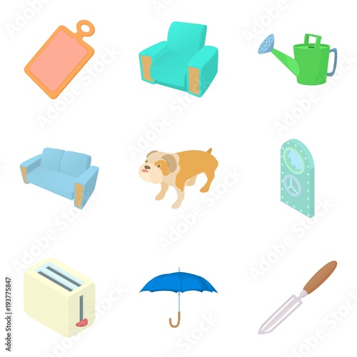 Microdistrict icons set, cartoon style
