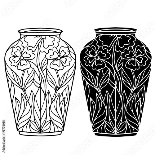 Hand drawn vase with floral pattern set, closeup, line art, black silhouette
