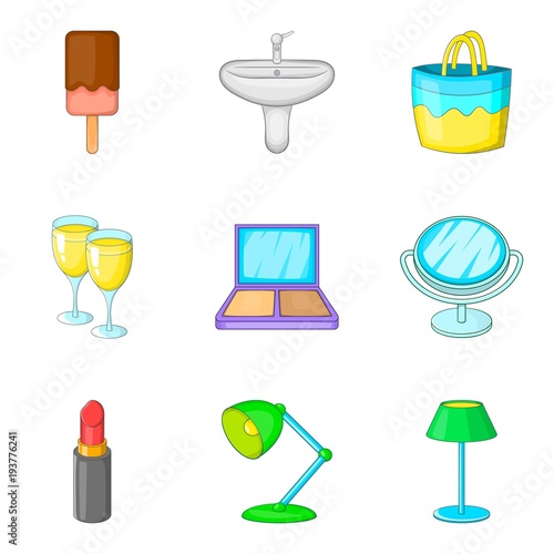 Private room icons set, cartoon style