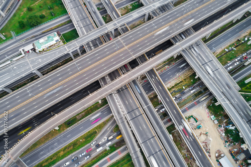 Aerial view overpass traffic with car move