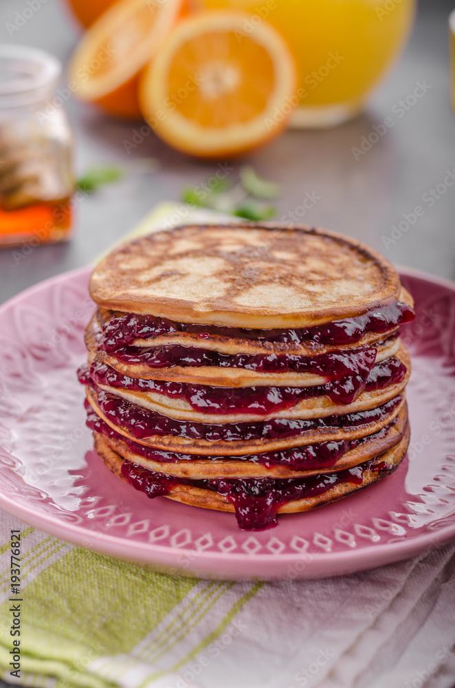 Pancakes strawberry, sugar and jam Pancakes strawberry, sugar and jam