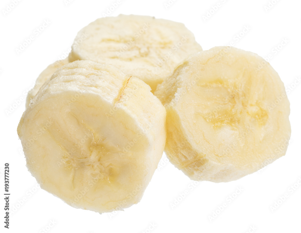 Peeled banana slices on the white background. Peeled banana slices on the white background.