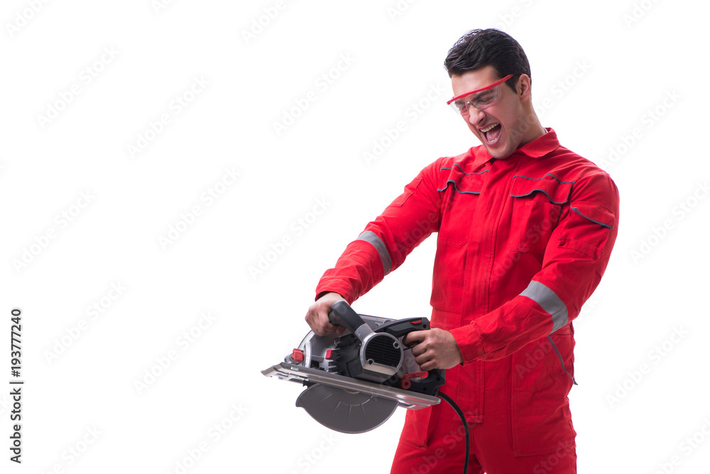 Male carpenter with circular saw in woodworking concept isolated Male carpenter with circular saw in woodworking concept isolated
