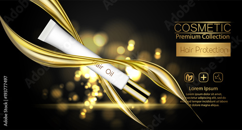 A realistic template cosmetic package. 3d splash of liquid oil. Splashing argan oil, hair protection cosmetics product pack design.