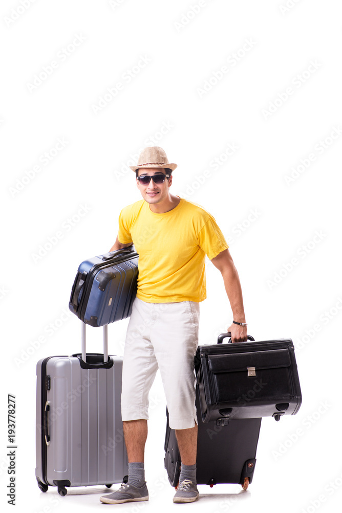 Happy young man going on summer vacation isolated on white Happy young man going on summer vacation isolated on white