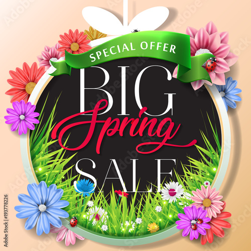 Spring sale background with beautiful colorful flower. Vector illustration. Wallpaper. flyers, posters, brochure, voucher discount. Spring sale banner with paper flowers for online shopping.