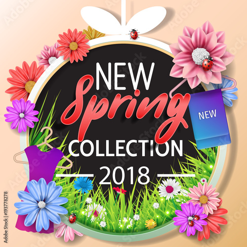 Spring banner "new collection" with paper flowers for online shopping, advertising actions, magazines and websites. Spring new collection background with beautiful colorful flower. © detakstudio