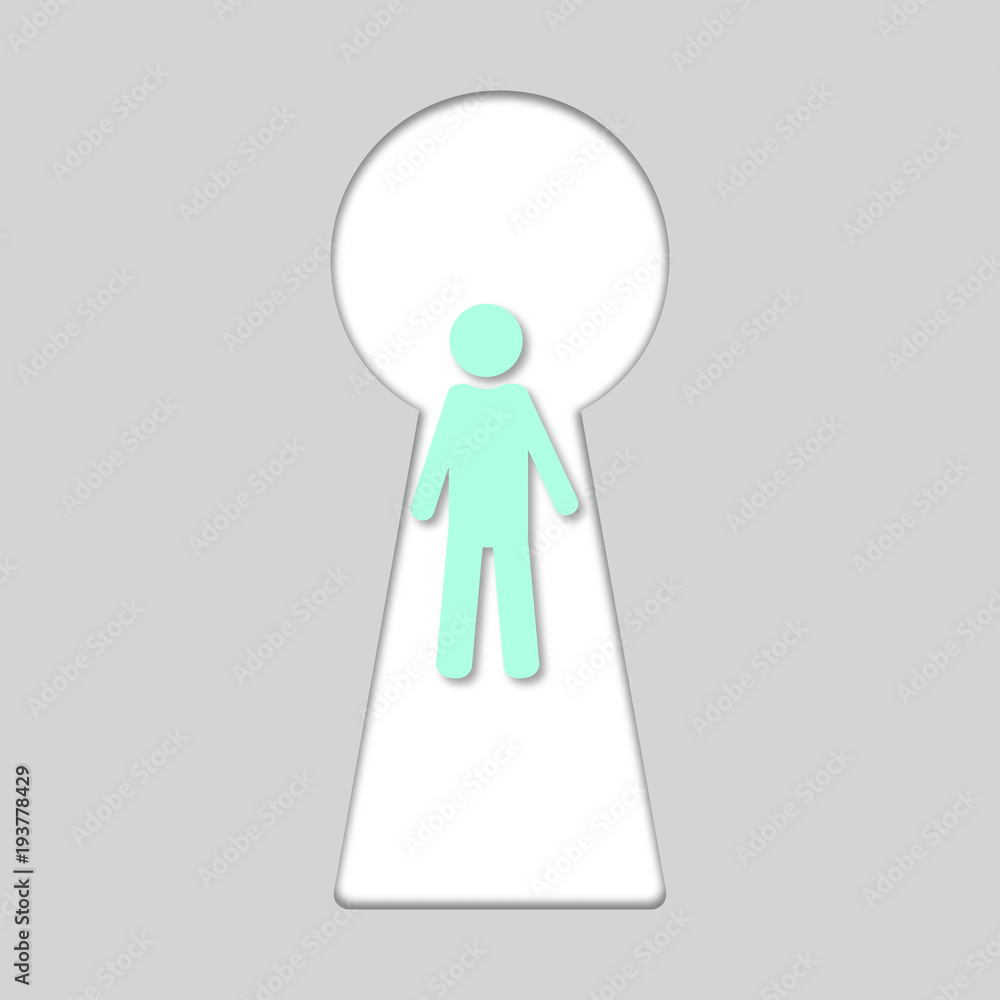 Keyhole and man silhouette. Peeping into the keyhole after a boy or man. Pry into the keyhole. 3d vector icon. Keyhole and man silhouette. Peeping into the keyhole after a boy or man. Pry into the keyhole. 3d vector icon.