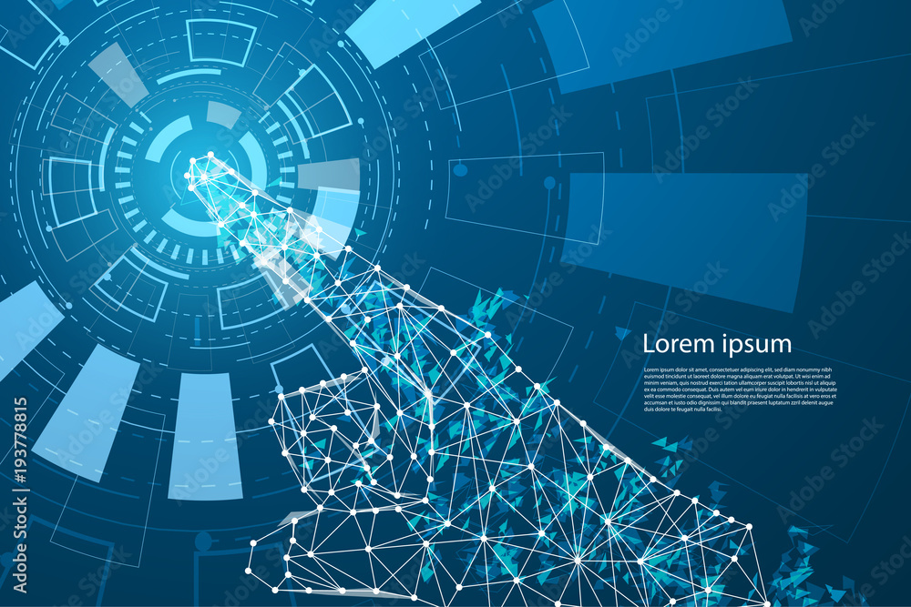 Naklejka premium abstract technology hands digital forefinger the future Interface circle technology on hi tech background.