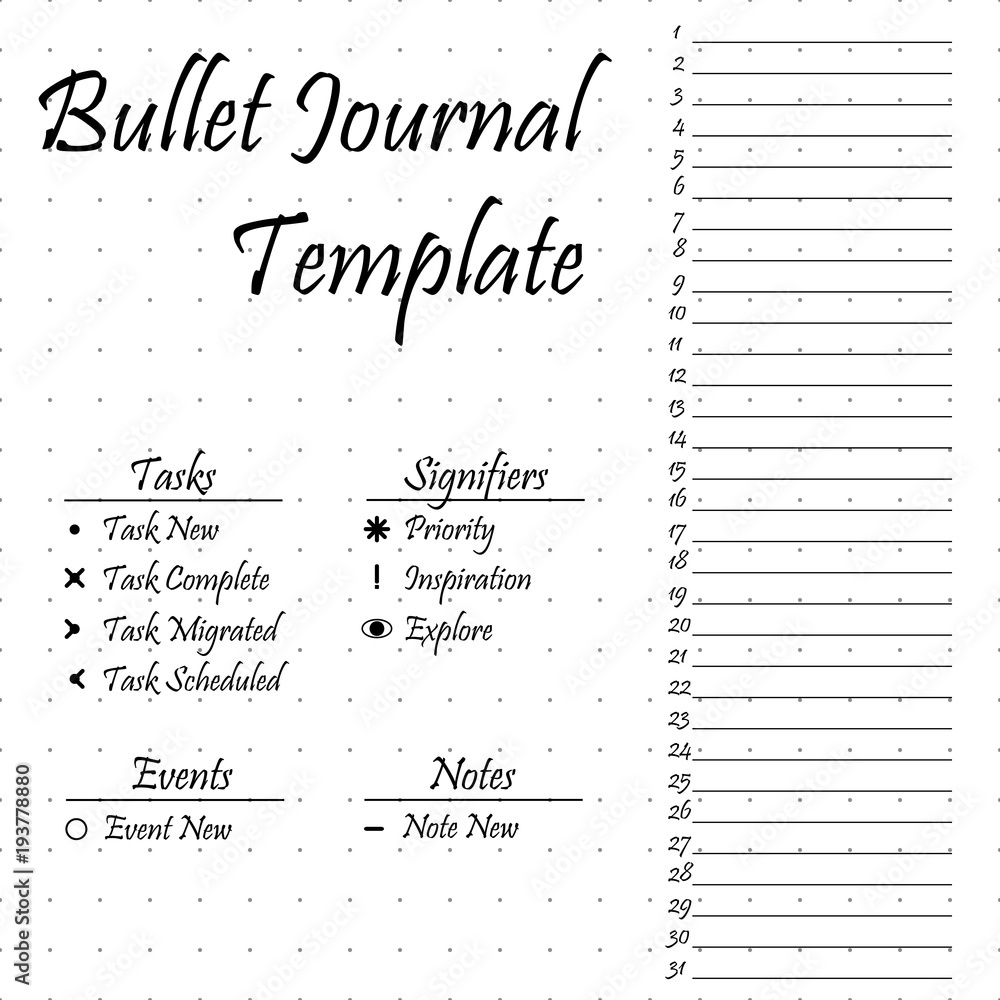 Bullet Journal Template Simple Papers Task Tracker Stock Vector 