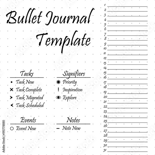 Bullet journal template. Simple papers task tracker