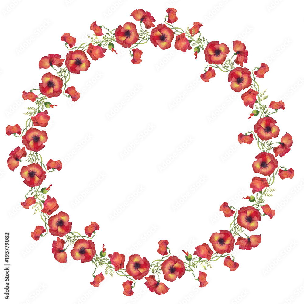 watercolor illustration, a wreath circle of red poppies, a bouquet of flowers, buds and leaves watercolor illustration, a wreath circle of red poppies, a bouquet of flowers, buds and leaves