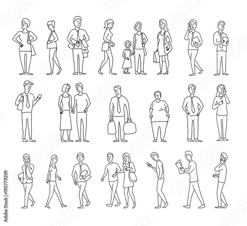 Set sketch a lot of different people. Many ordinary people on the street. Hand drawn black line vector stock illustration.
