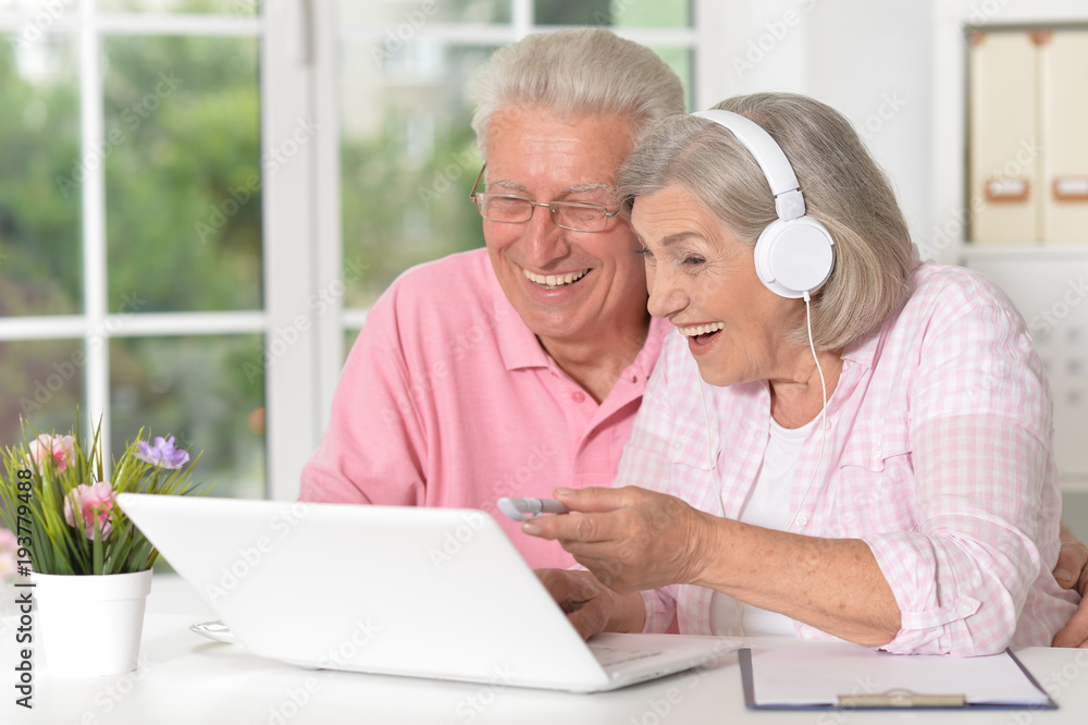 happy beautiful senior couple using laptop happy beautiful senior couple using laptop