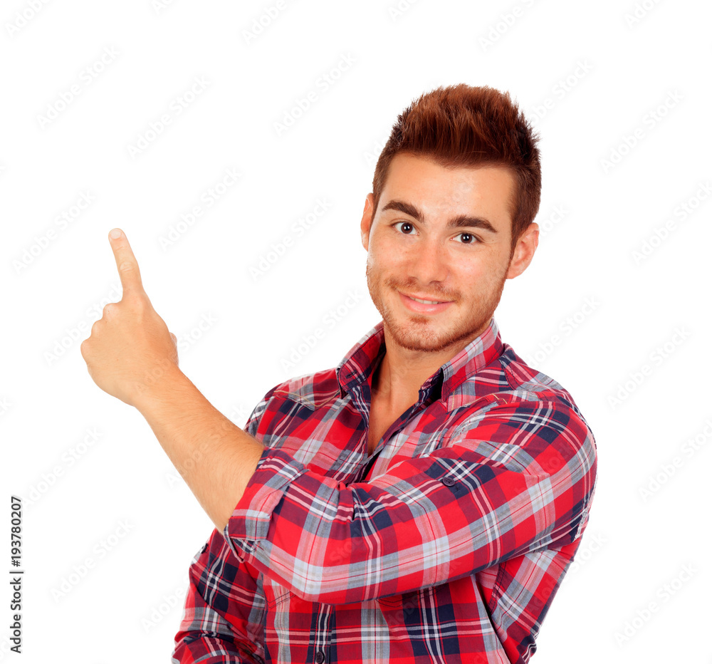 Attractive guy pointing something with his finger Attractive guy pointing something with his finger