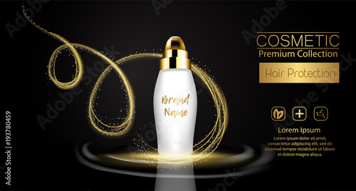 A realistic template cosmetic package. 3d splash of liquid oil. Splashing argan oil, hair protection cosmetics product pack design.
