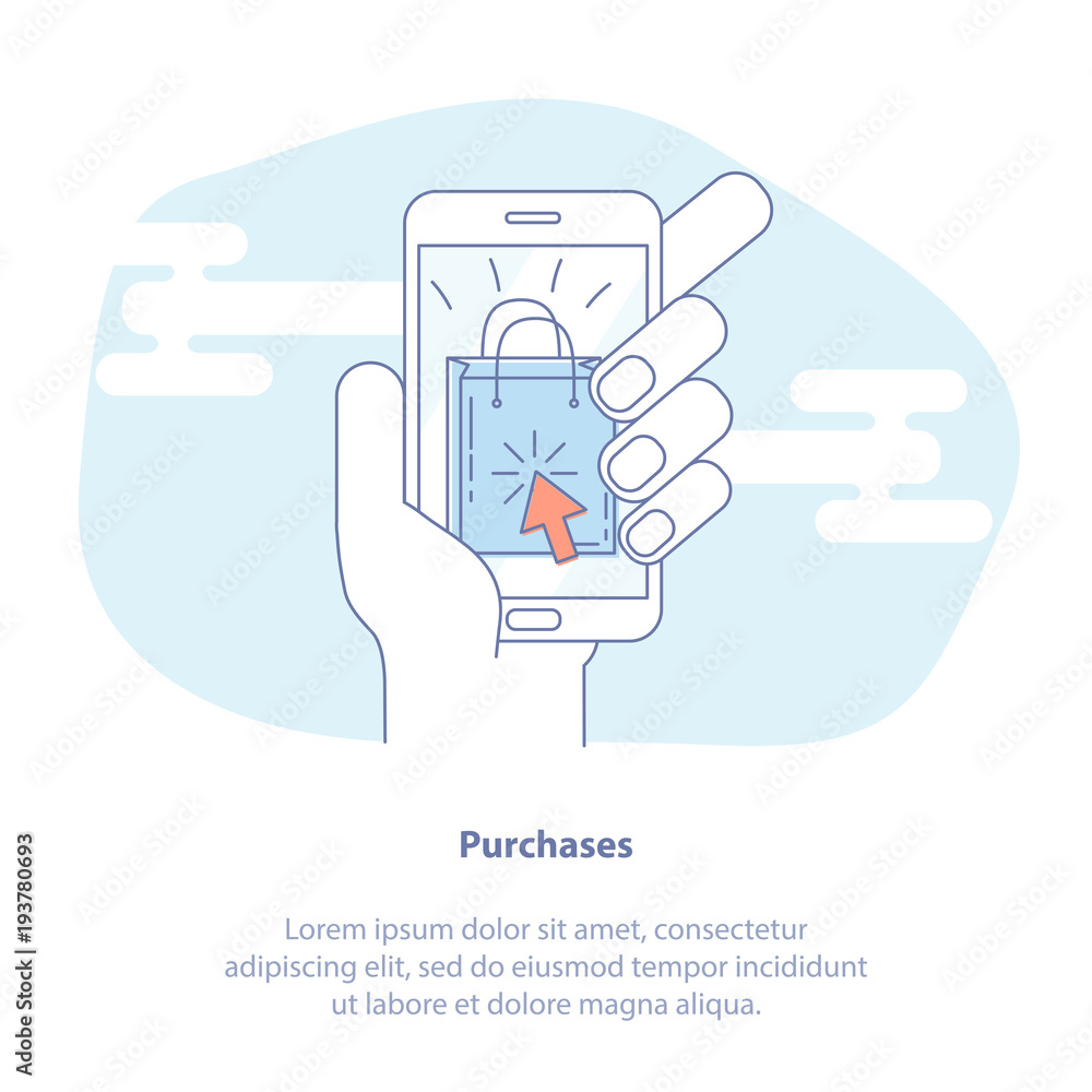 Mobile Shopping, Commerce or Purchases. Hand with phone. Isolated Vector illustration of shop bag with arrow on mobile display.
