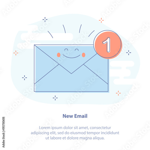 Flat line icon concept set of New Email, incoming message, sms. Vector illustration of laptop with happy envelope. Mail notification, sending messages.