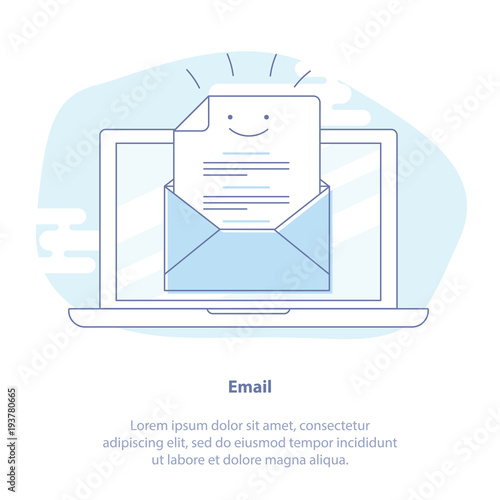 Flat line icon concept of Open Letter. Simple cute smiling post letter on light blue background. Opening an e-mail. Good news