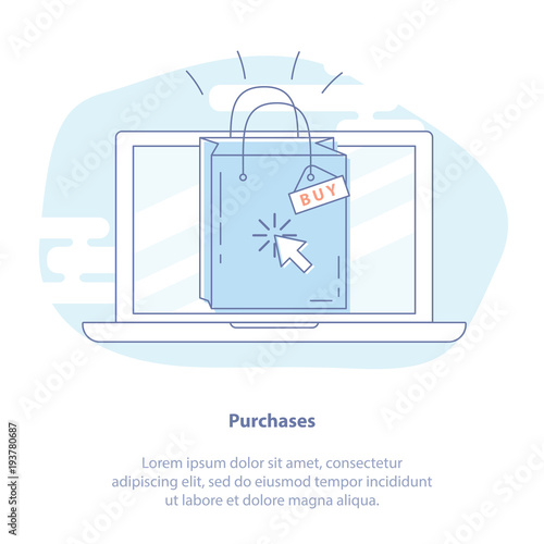 Flat line icon concept of Purchases, E-commerce or CPA marketing. Isolated vector illustration of Laptop, Shopping bag, Cursor.