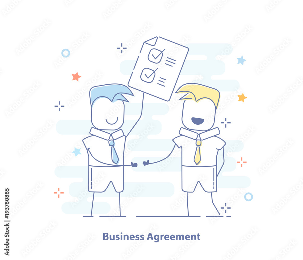 Flat line icon concept of Business Agreement, Business Collaboration or Deals between companies. Cute business people standing with a signed contract. Isolated vector illustration un trendy design. Flat line icon concept of Business Agreement, Business Collaboration or Deals between companies. Cute business people standing with a signed contract. Isolated vector illustration un trendy design.