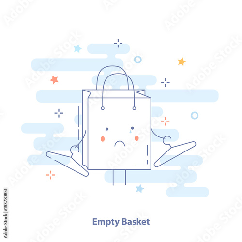 Empty Shopping Bag (Basket) icon. Cute Disappointed Shopping Bag. Flat thin line design, isolated vector illustration on white. Business web vector illustration.