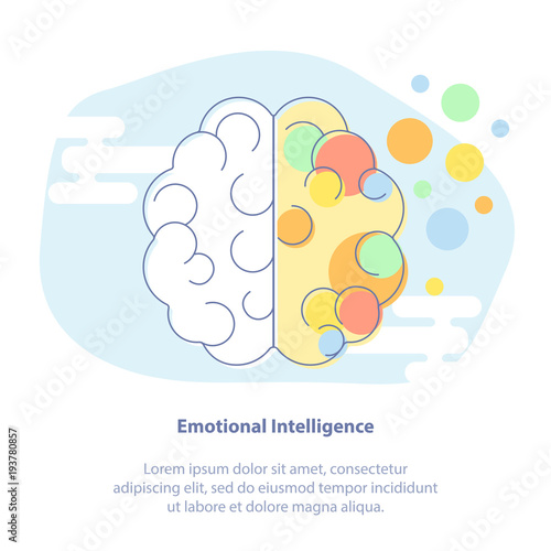 Creativity or Imagination, Brain Power. Vector illustration in flat linear style - left and right brain hemispheres - analytical and creative thinking