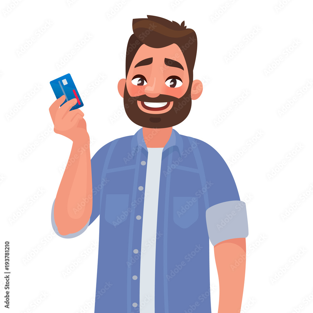 Man holds a credit card in his hand. Vector illustration Man holds a credit card in his hand. Vector illustration