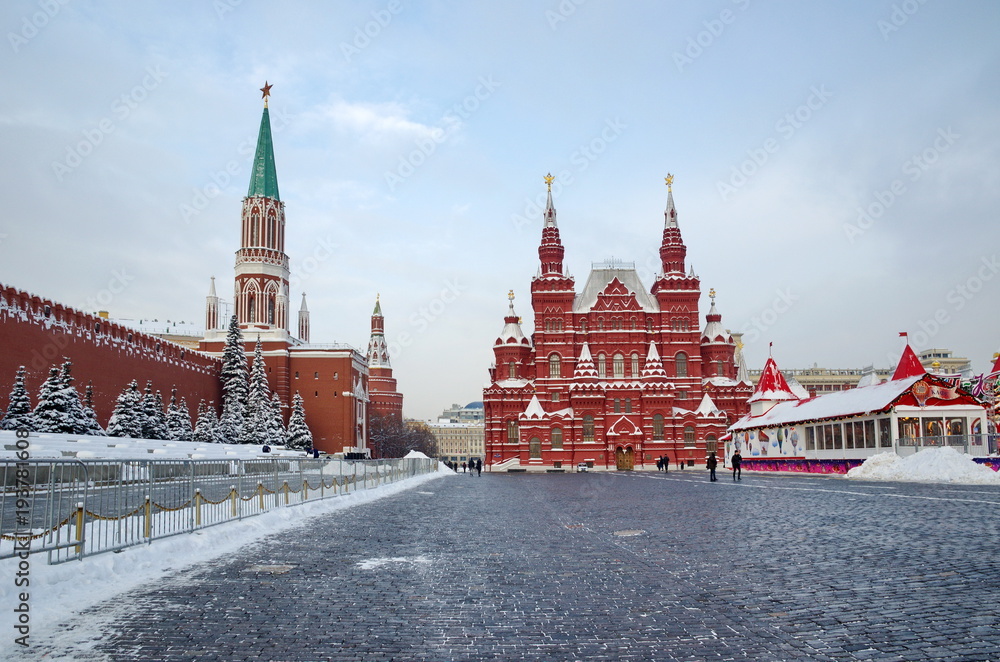 Moscow, Russia - February 8, 2018: The Historical Museum and the towers of the Moscow Kremlin on the Red square Moscow, Russia - February 8, 2018: The Historical Museum and the towers of the Moscow Kremlin on the Red square