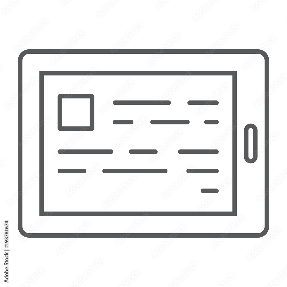 E reading thin line icon, e learning and education, tablet sign vector graphics, a linear pattern on a white background, eps 10. E reading thin line icon, e learning and education, tablet sign vector graphics, a linear pattern on a white background, eps 10.