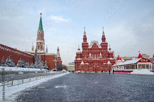 Moscow, Russia - February 8, 2018: The Historical Museum and the towers of the Moscow Kremlin on the Red square