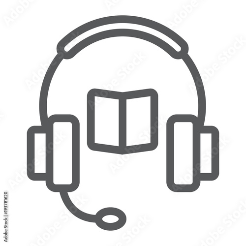 Book with headphones line icon, e learning and education, audio guide sign vector graphics, a linear pattern on a white background, eps 10.