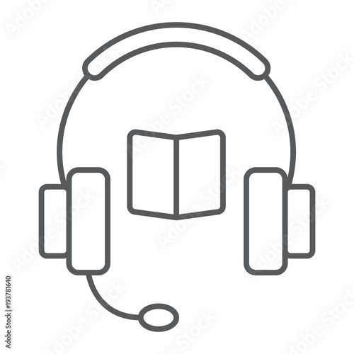 Book with headphones thin line icon, e learning and education, audio guide sign vector graphics, a linear pattern on a white background, eps 10.