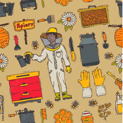 Honey sweet beeceeper vector apiary farm beekeeping icons set honeymaker bee insect beeswax illustration seamless pattern background
