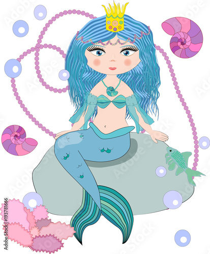 A beautiful little mermaid is sitting on a rock. Siren. Sea theme. vector illustration on a white background.