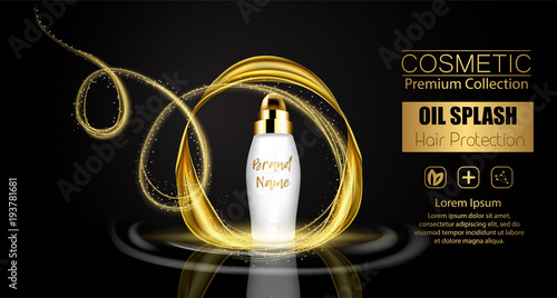A realistic template cosmetic package. 3d splash of liquid oil. Splashing argan oil, hair protection cosmetics product pack design.