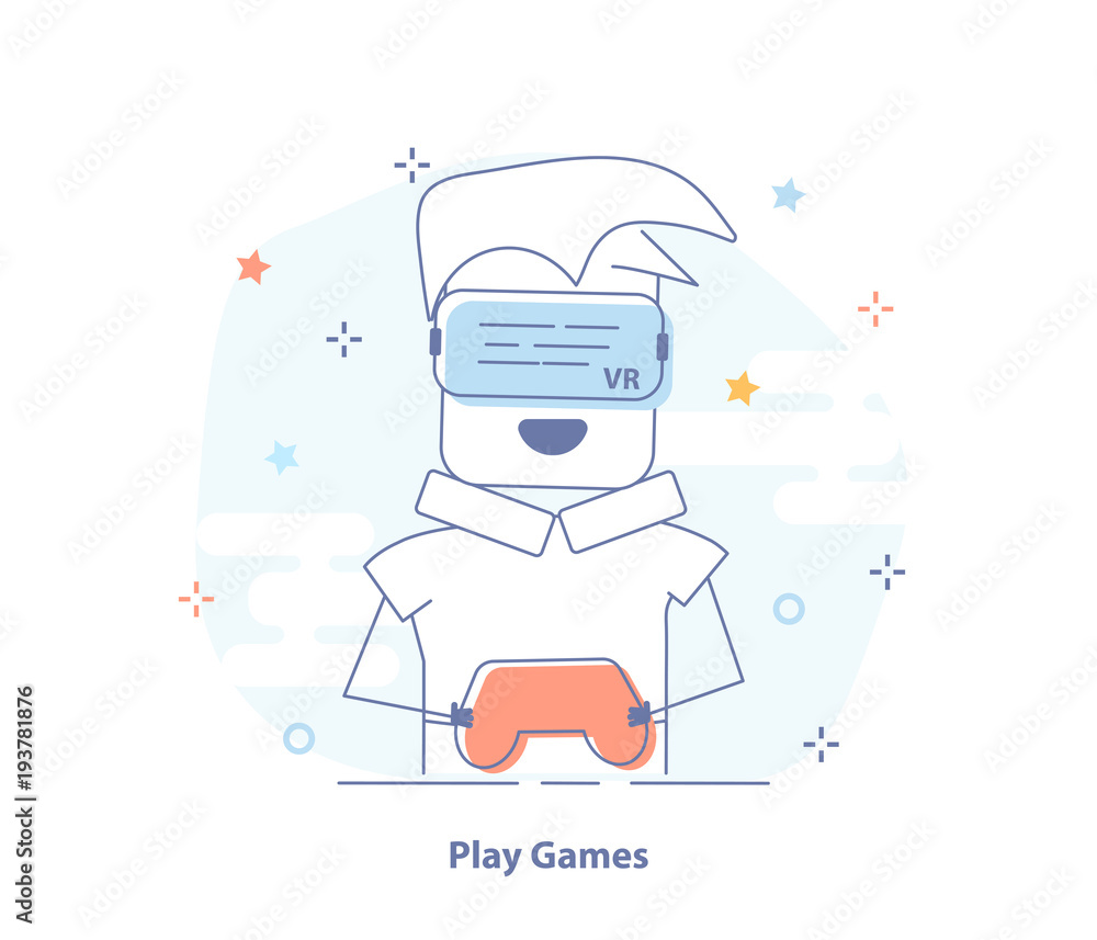 The VR headset design, Man wearing virtual reality goggles watching movies or playing video games. Flat line vector concept.