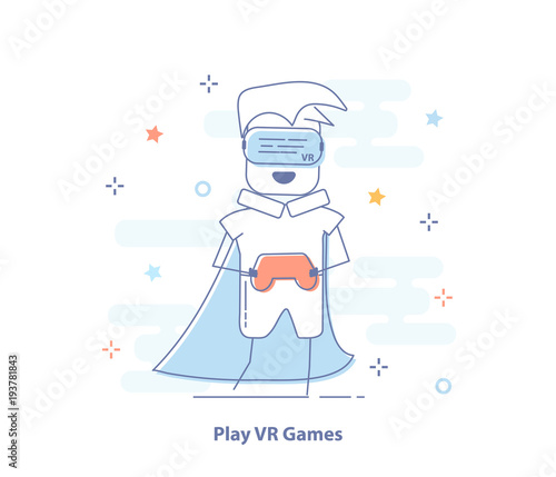 The VR headset design, Man wearing virtual reality goggles watching movies or playing video games. Flat line vector concept.