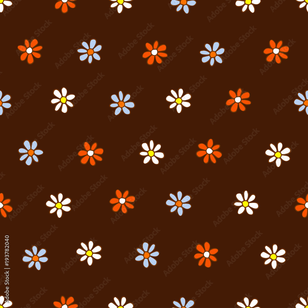 Seamless pattern of white, blue and orange flowers