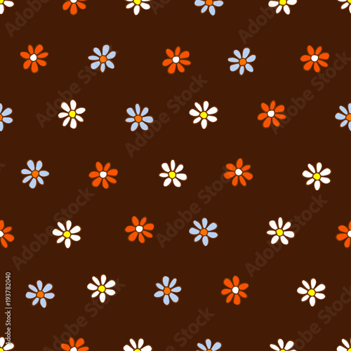 Seamless pattern of white, blue and orange flowers