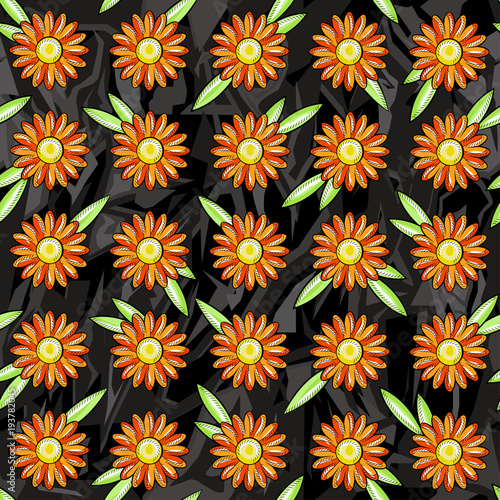 Seamless pattern of orange daisies on a black gray background of harsh figures