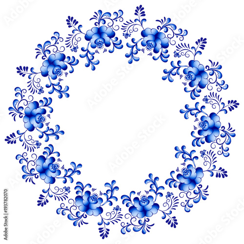 Vector floral frame in the style of Gzhel. Traditional russian ornament.