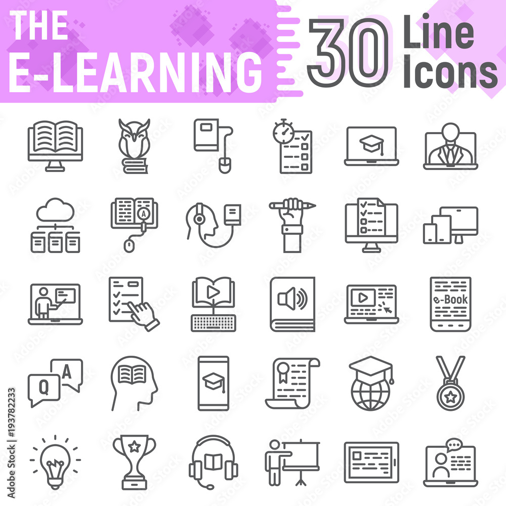 E Learning line icon set, Online education symbols collection, vector sketches, logo illustrations, internet tutorial signs linear pictograms package isolated on white background, eps 10.