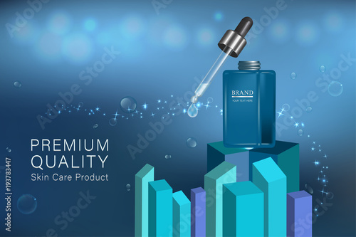 Blue cosmetic container with advertising background ready to use, luxury skin care ad. vector 3d illustration.	
