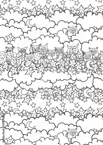 Funny vertical card with cartoon owls sitting on the clouds with little demilunes and smiling or sleeping stars. Vector contour illustration.