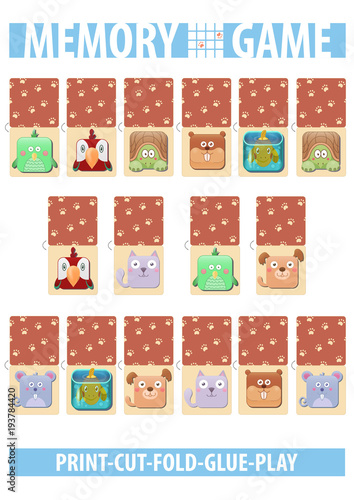 Memory card game with cartoon animals. Different domestic pets. Print, cut, fold, glue, play. A4 vertical page proportions.